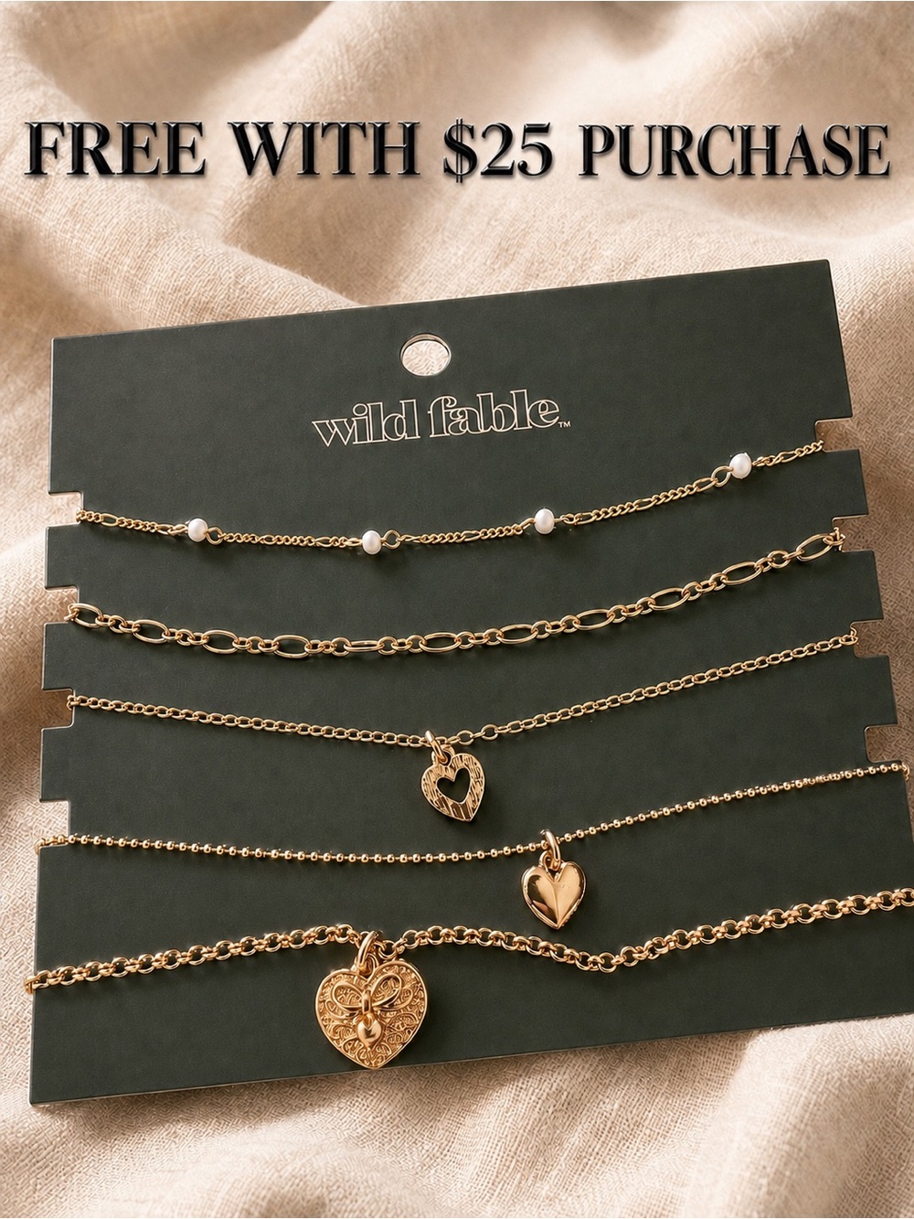 NWT Wild Fable 5 Layer Gold Heart Pearl Chain Necklace Set Coquette Jewelry